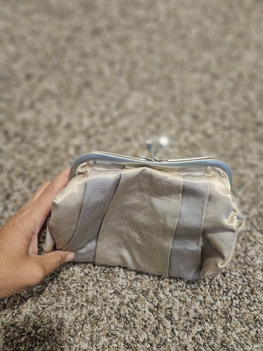 Source Unknown Champagne and Silver Satin Frame Clutch